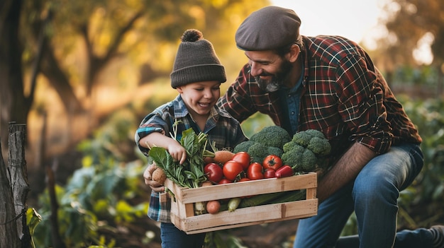 a farmer and his son hold a box with freshly picked vegetables