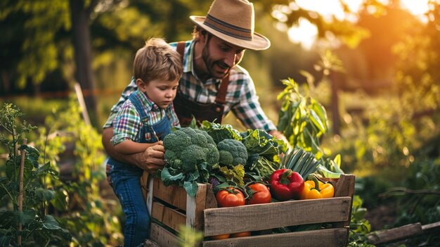 a farmer and his son hold a box with freshly picked vegetables