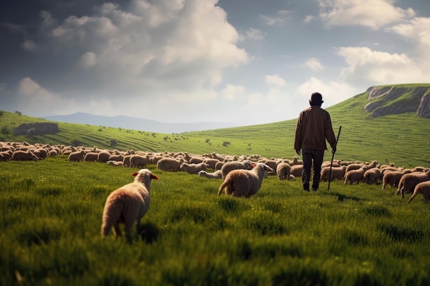 Фермер и его верная собака пасут стадо овец на огромном зеленом пастбище Генеративный ИИ