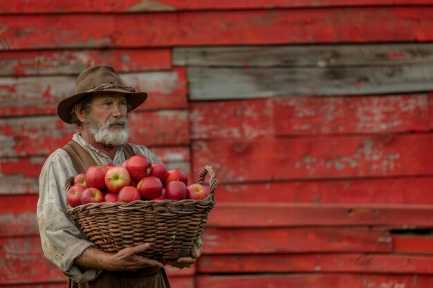 Photo a farmer holding a basket of ripe apples in front of a red barn