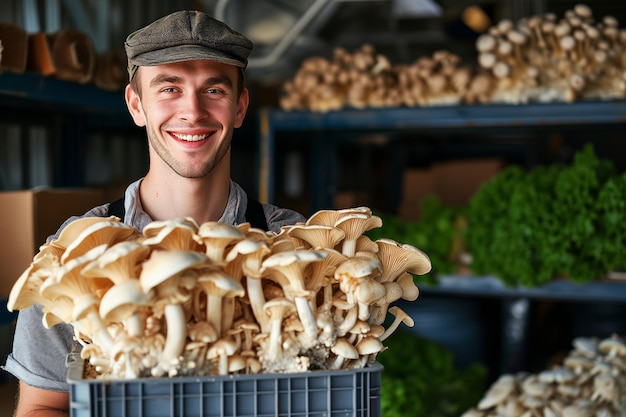 Farmer holding box with oyster mushrooms