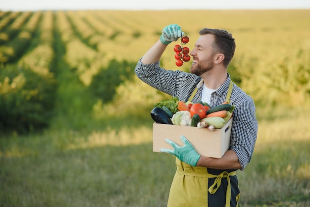 Agricoltore che tiene una cassa di verdure biologiche nella fattoria uomo felice che mostra una scatola di verdure raccolte