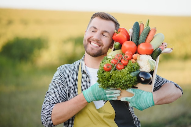 Farmer holding a crate of bio vegetables in the farm happy man\
showing box of harvested vegetables