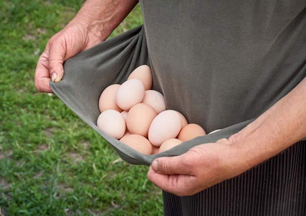 신선한 유기농 계란을 들고 농부