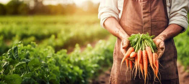 Farmer holding freshly harvested organic carrots at vegetable garden Agriculture and food concept