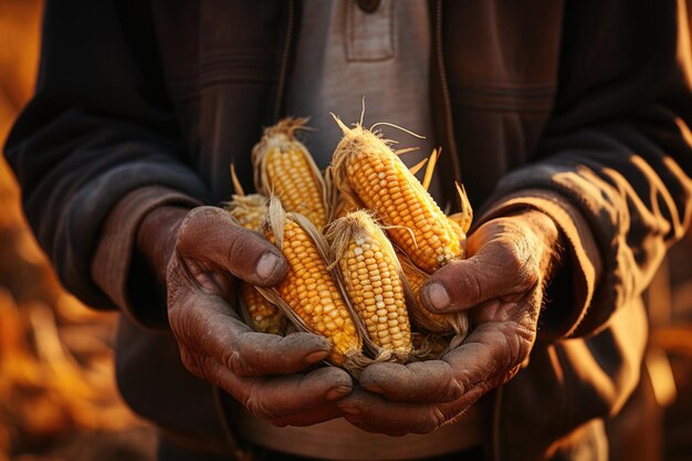 Photo farmer holding golden ripe cobs after the harvest generative ai