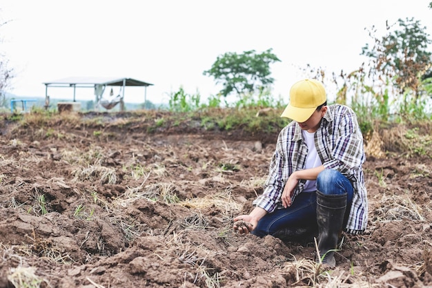 手のクローズアップで地面を保持している農夫男性の手がフィールドの土壌に触れている