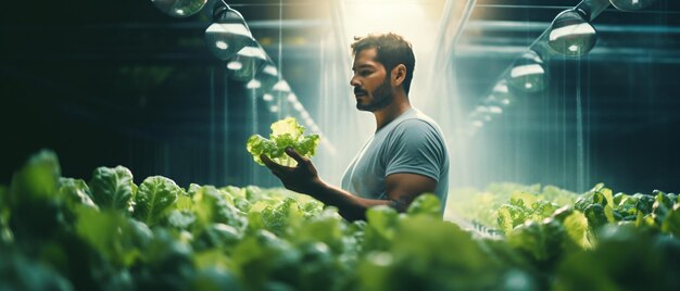 Photo farmer holding hydroponic vegetable in farm natural