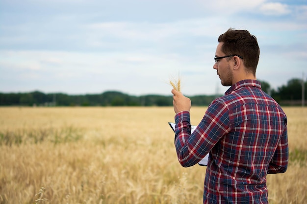 Farmer holding phone and wheat agronomist uses online data\
management software