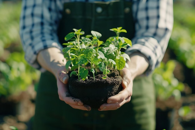 A farmer holding a pot with seedlings that have just sprouted Pot with sprouts