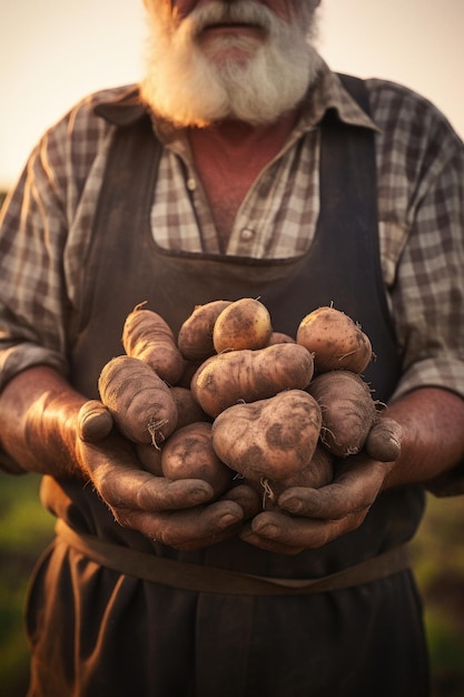 Farmer holding potatoes in field