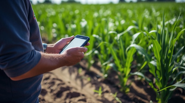 Farmer holding a smartphone in front of corn field Smart digital farming Plant growing control from smartphone