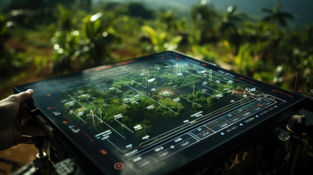 가상 현실 개념 Generative AI에서 필드 현대 농장 지도가 있는 태블릿을 들고 있는 농부