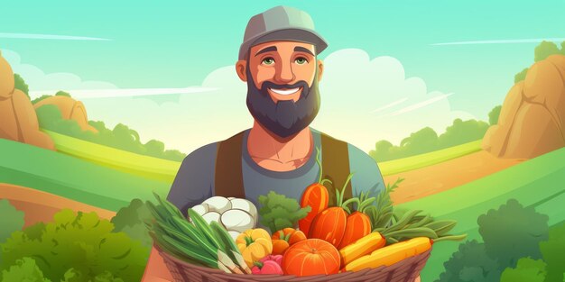 Farmer holding vegetables and fruits in his hands Generative AI