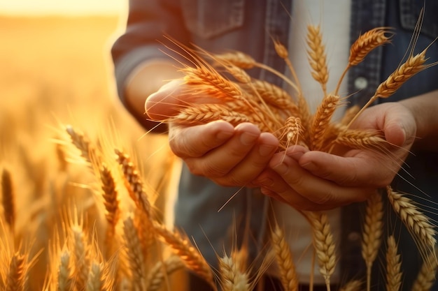 畑 の 近く の 景色 で 麦 の 耳 を 手 に 持っ て いる 農夫