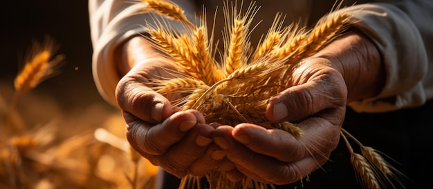 Farmer holding wheat ears in his hands Close up of male hands with wheat ears