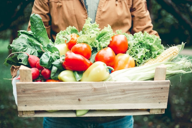 Photo farmer holding wooden box filled fresh vegetables