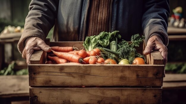 Farmer holding a wooden box full of fresh organic vegetables Selective focus Generative AI