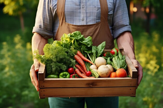 Farmer holding a wooden box with fresh vegetables on the background of the garden Healthy food concept generative ai