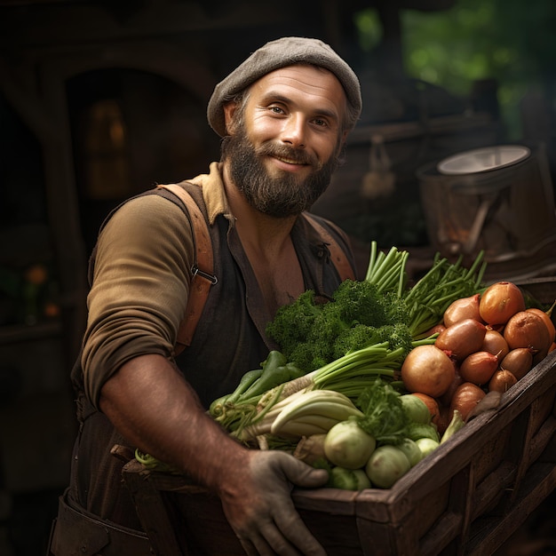 Farmer holding a wooden cart full of fresh vegetables