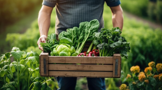 Farmer holding a wooden crate filled with an assortment of leafy green vegetables