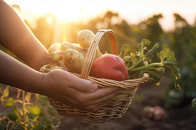 A farmer holds a basket vegetables with farm background harvesting