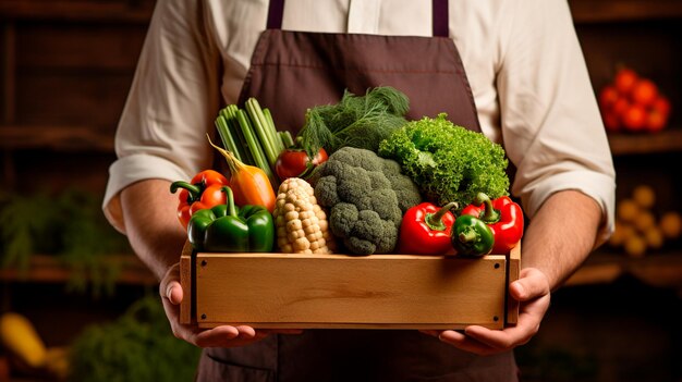 Фермер держит коробку с свежими овощами на темном фоне генеративный ИИ