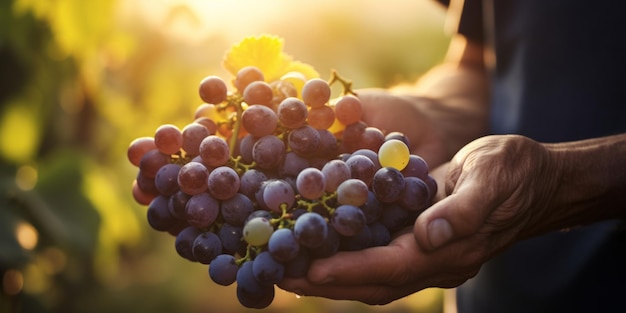 A farmer holds a bunch of grapes in his hands Closeup of harvesting Generative AI