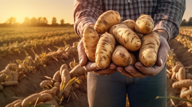 A farmer holds a bunch of potatoes in a field