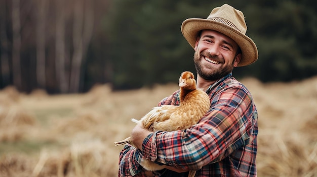 the farmer holds a duck in his hands on the background of the farm