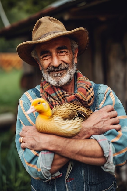 the farmer holds a duck in his hands on the background of the farm