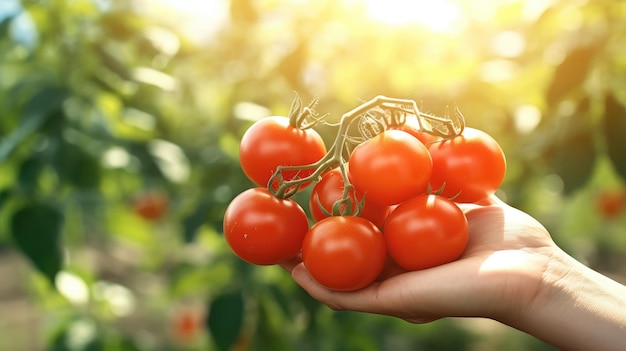 農夫が手に新鮮なトマトを握っているジェネレーティブAI技術で作られたクローズアップ写真