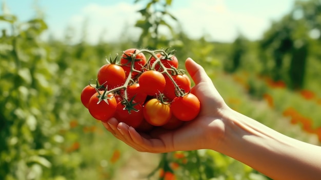 Farmer holds fresh tomatoes in hands Closeup photo created with Generative AI technology