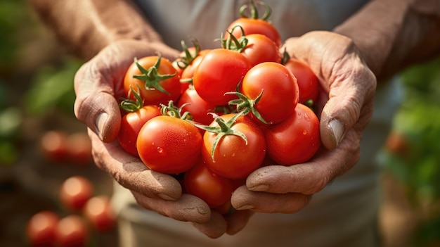 농부 는 손 에 신선 한 토마토 한 어리 를 들고 있다