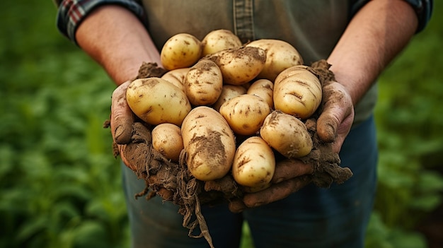 The farmer holds potatoes in his hands selective focus Generative AI