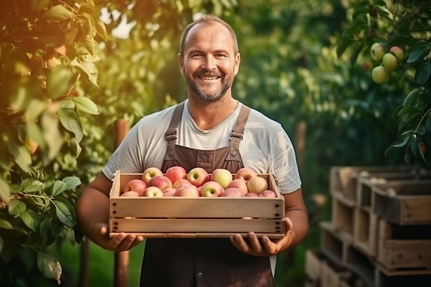 The farmer holds a wooden box with fresh apples on the background of the garden Healthy food concept generative ai