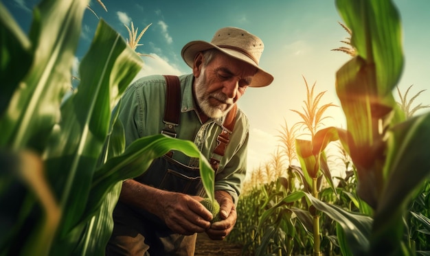 Farmer Inspecting Crops in Field