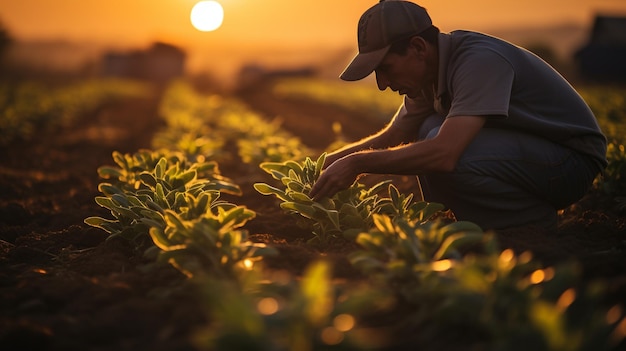 Photo a farmer inspecting crops for pests background