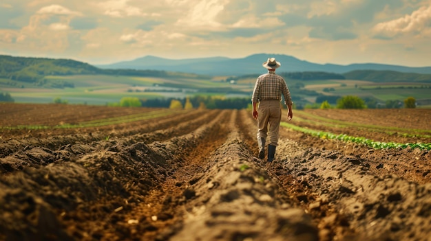 A farmer inspecting freshly plowed soil in a vast farmland