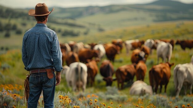 Photo farmer inspecting a herd of cattle background
