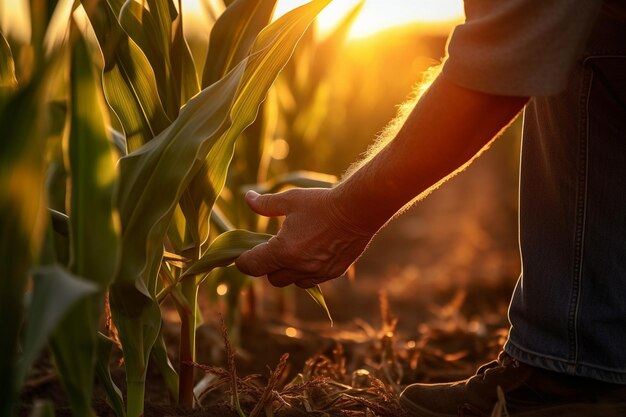 Farmer inspecting ripe corn ears in the early morning