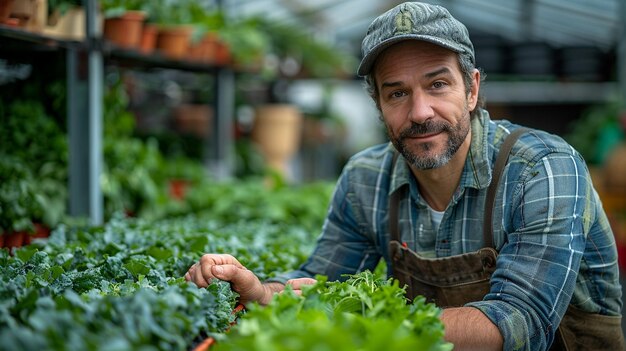 Farmer Inspecting Rows Of Arugula A Wallpaper