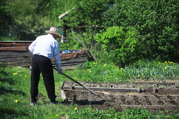 The farmer is digging a garden A man with a harvester plows the garden The grayhaired grandfather mows the garden