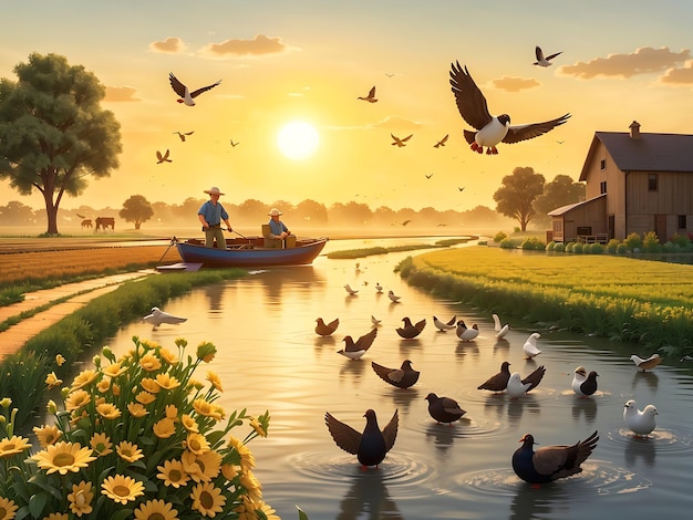 A farmer is fertilizing the field a river flows by a boatman is driving a boat on the river some