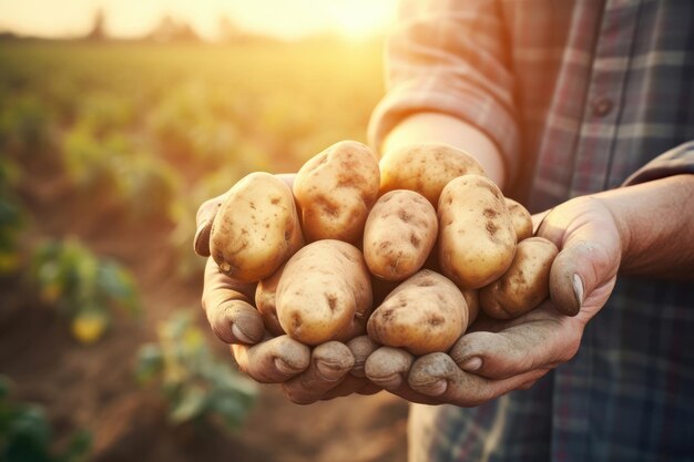 Farmer is holding potatoes in his hands close up