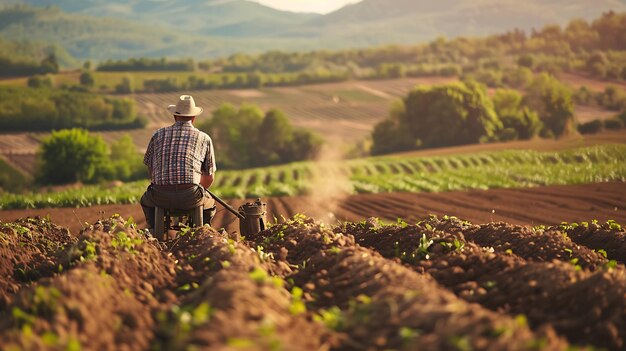 A farmer is sitting on a tractor in a field He is looking out at the view of the land he has just plowed He is wearing a hat and a plaid shirt