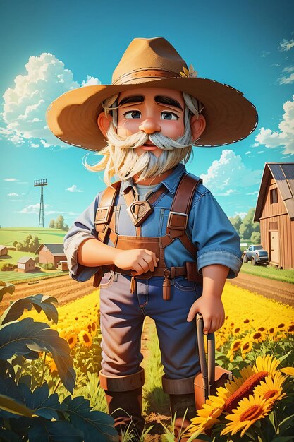 Photo a farmer is standing in the field cartoon character 3d render