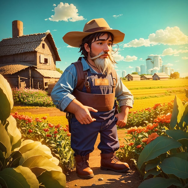 A farmer is standing in the field cartoon character 3d render