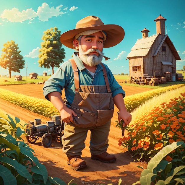 A farmer is standing in the field cartoon character 3d render