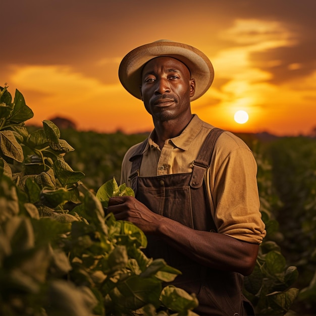 Farmer is standing in his growing soybean field He is satisfied because of good